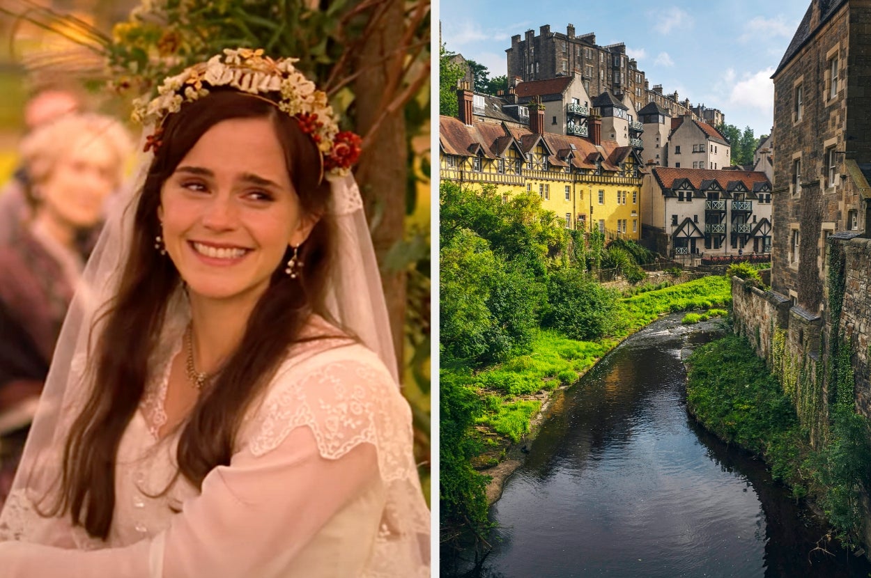 Emma Watson in a vintage lace dress and floral headpiece smiles in "Little Women," beside a scenic view of historic Edinburgh town