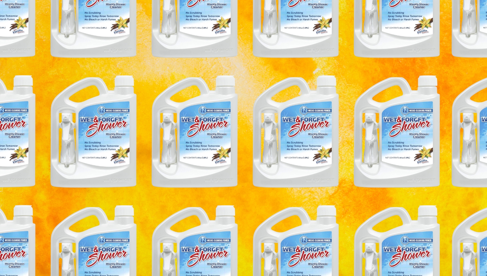 Repeat pattern of Wet & Forget Shower Cleaner bottles on an orange background, featured in a shopping article