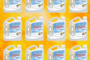 Repeat pattern of Wet & Forget Shower Cleaner bottles on an orange background, featured in a shopping article