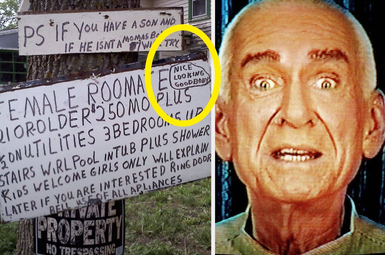 Two juxtaposed images: one of handmade rental adverts on a tree, and one of a person with a surprised expression on a digital screen