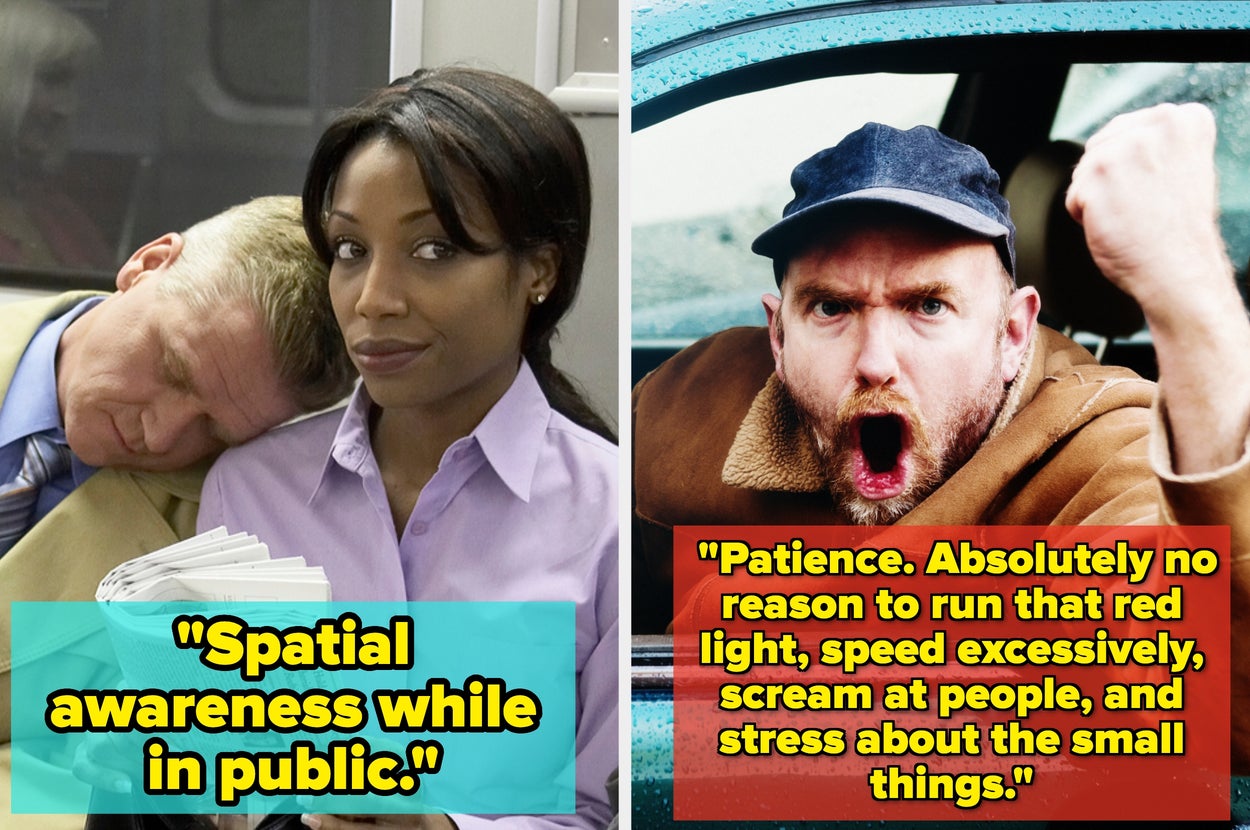 Composite image: Left shows a tired commuter, right shows a frustrated driver. Overlaid text emphasizes patience and awareness in public