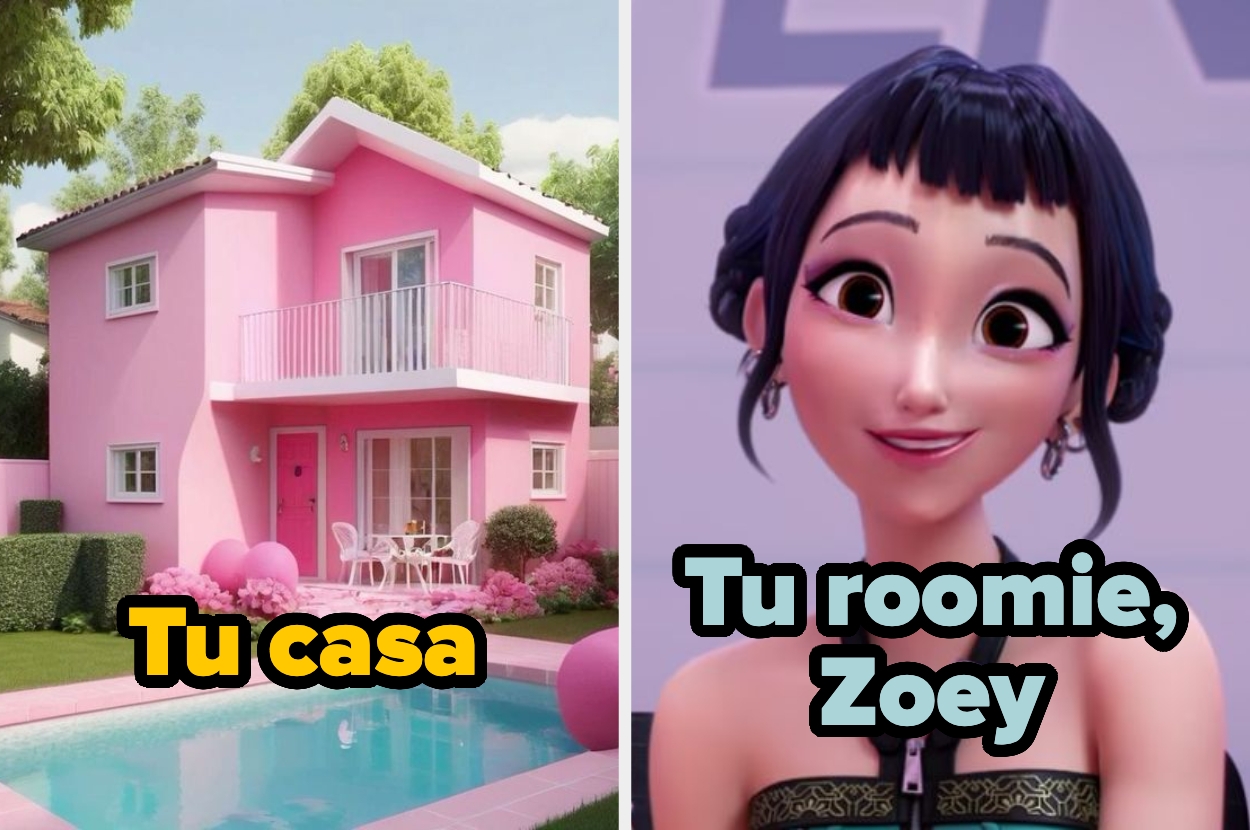 Left: Pink two-story house with a pool, captioned "Tu casa." Right: Animated character smiling, captioned "Tu roomie, Zoey."