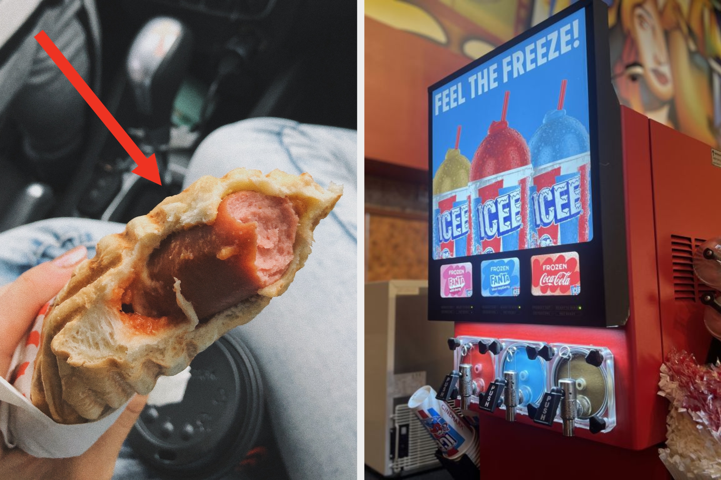 Hot dog partially eaten in a car; slushie machine with ICEE options in a store. Red arrow highlights hot dog