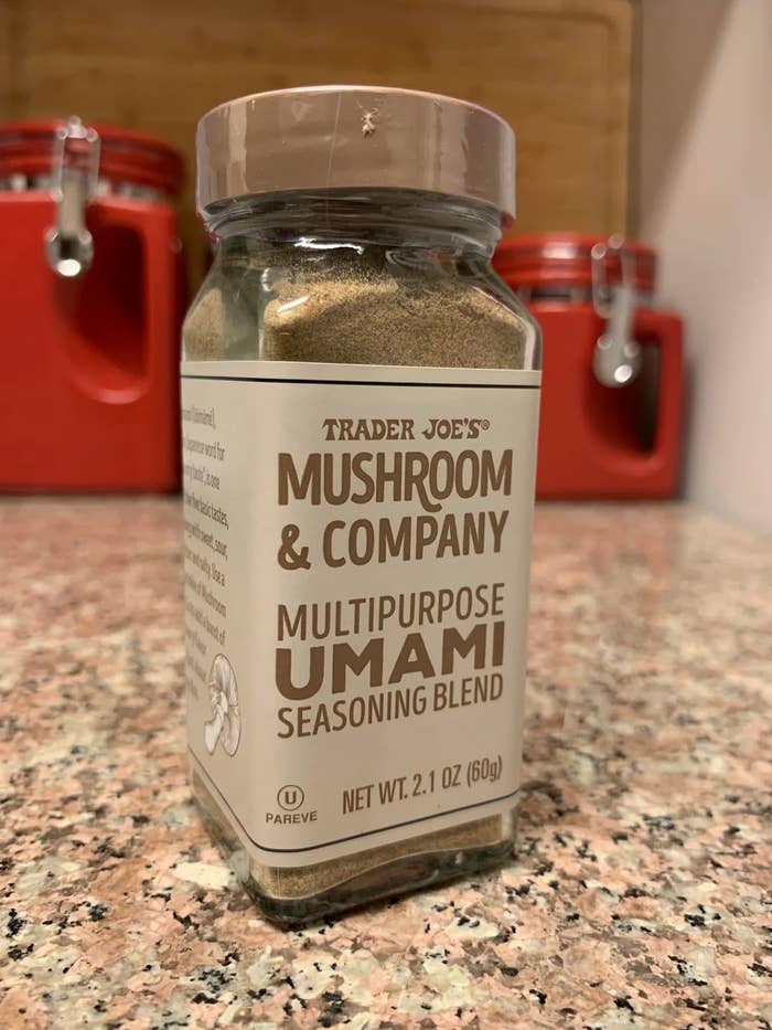 A jar of Trader Joe&#x27;s Mushroom &amp;amp; Company Umami Seasoning Blend on a kitchen counter