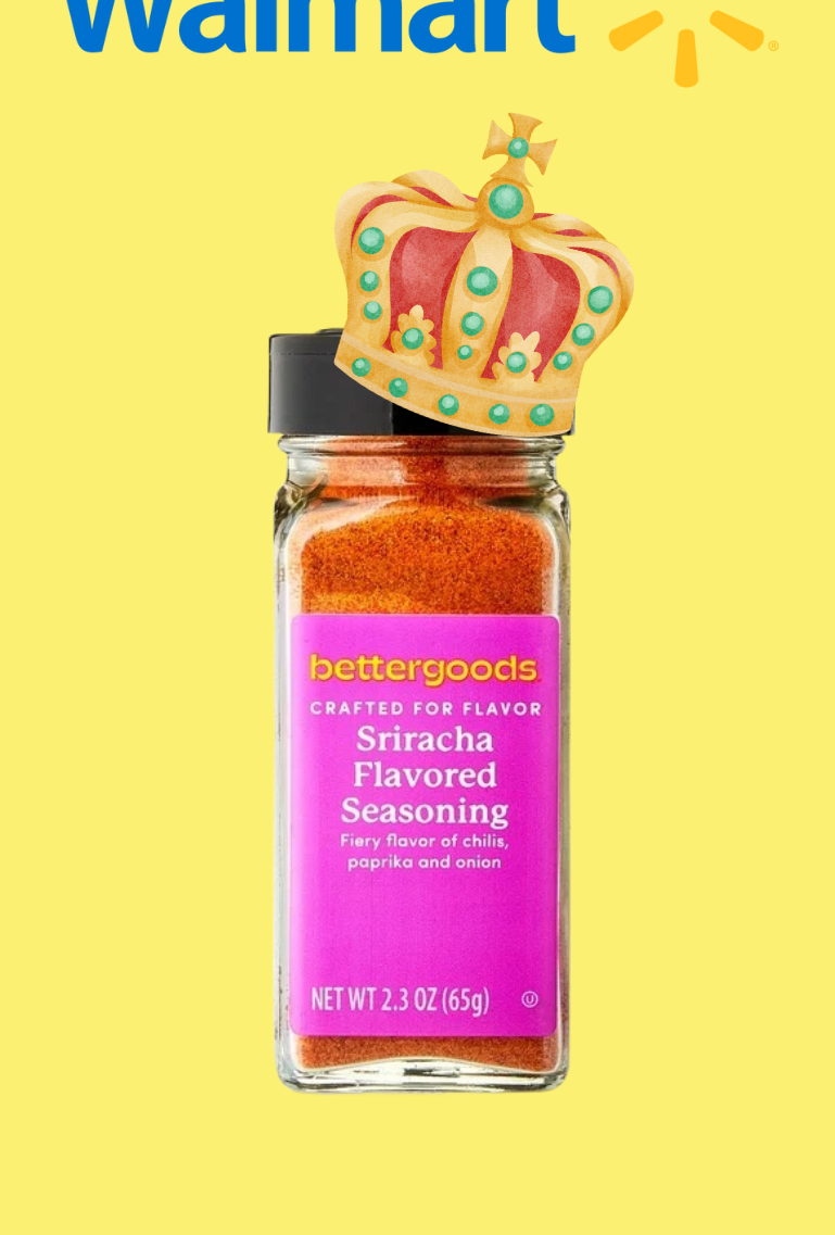 Sriracha-flavored seasoning in a jar with a cartoon crown, featured in a Tasty article. Walmart logo above
