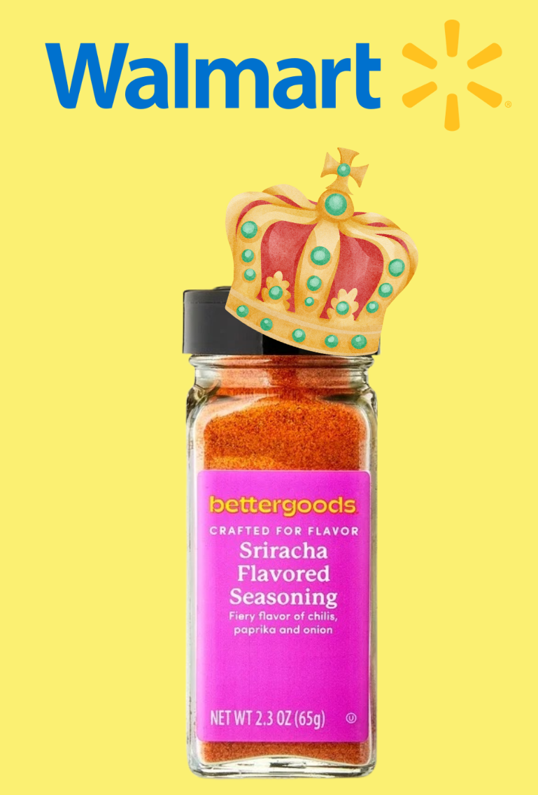 Sriracha-flavored seasoning in a jar with a cartoon crown, featured in a Tasty article. Walmart logo above