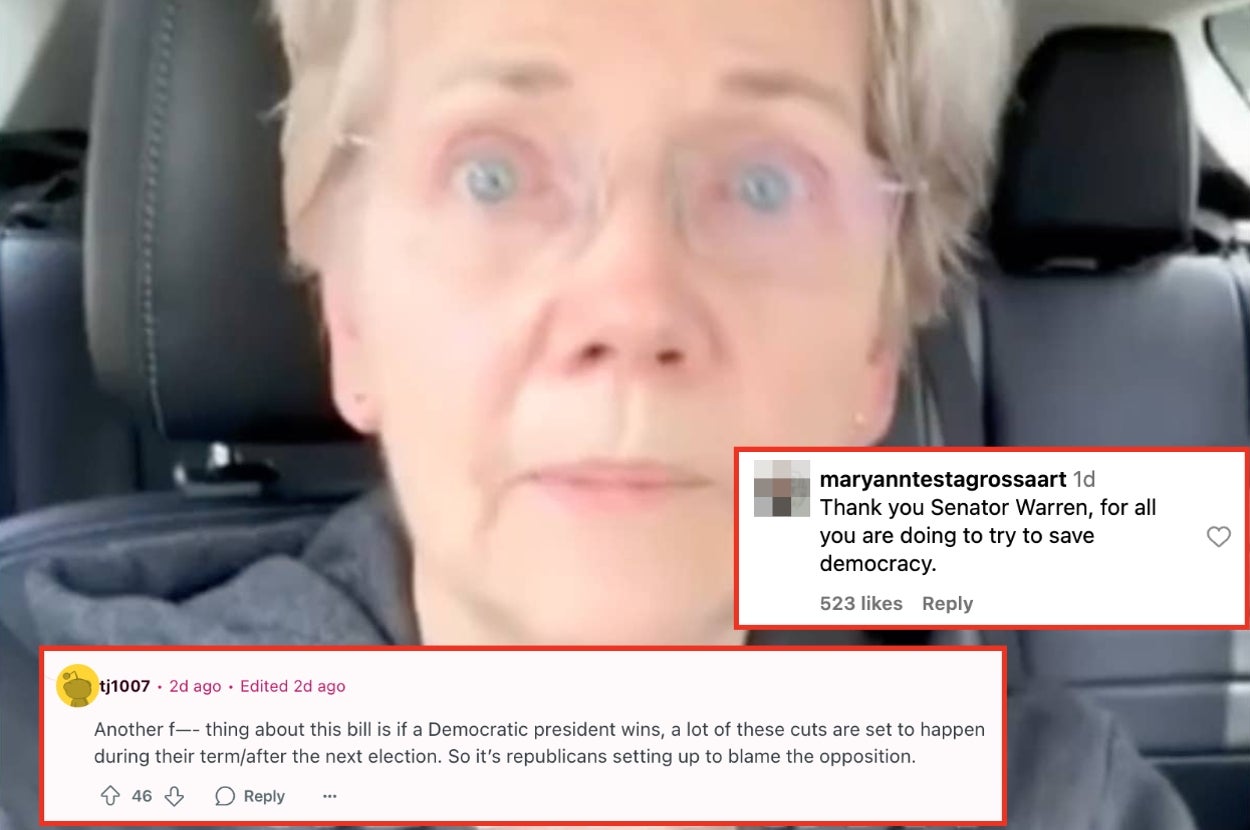 A person in a car with glasses is blurred in the background. Screen captions show comments about political criticism and a thank you to a senator