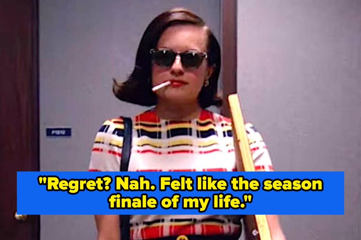 A person in a checkered dress leans confidently on a bat. Text: "Telling my boss what I thought before quitting. Regret? Nah. Season finale of my life."