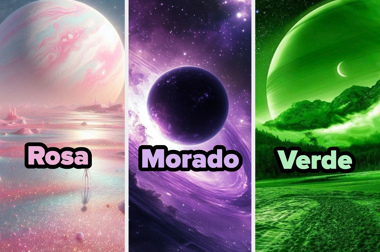 Ilustración de tres planetas surrealistas con texto: "Rosa", "Morado" y "Verde"
