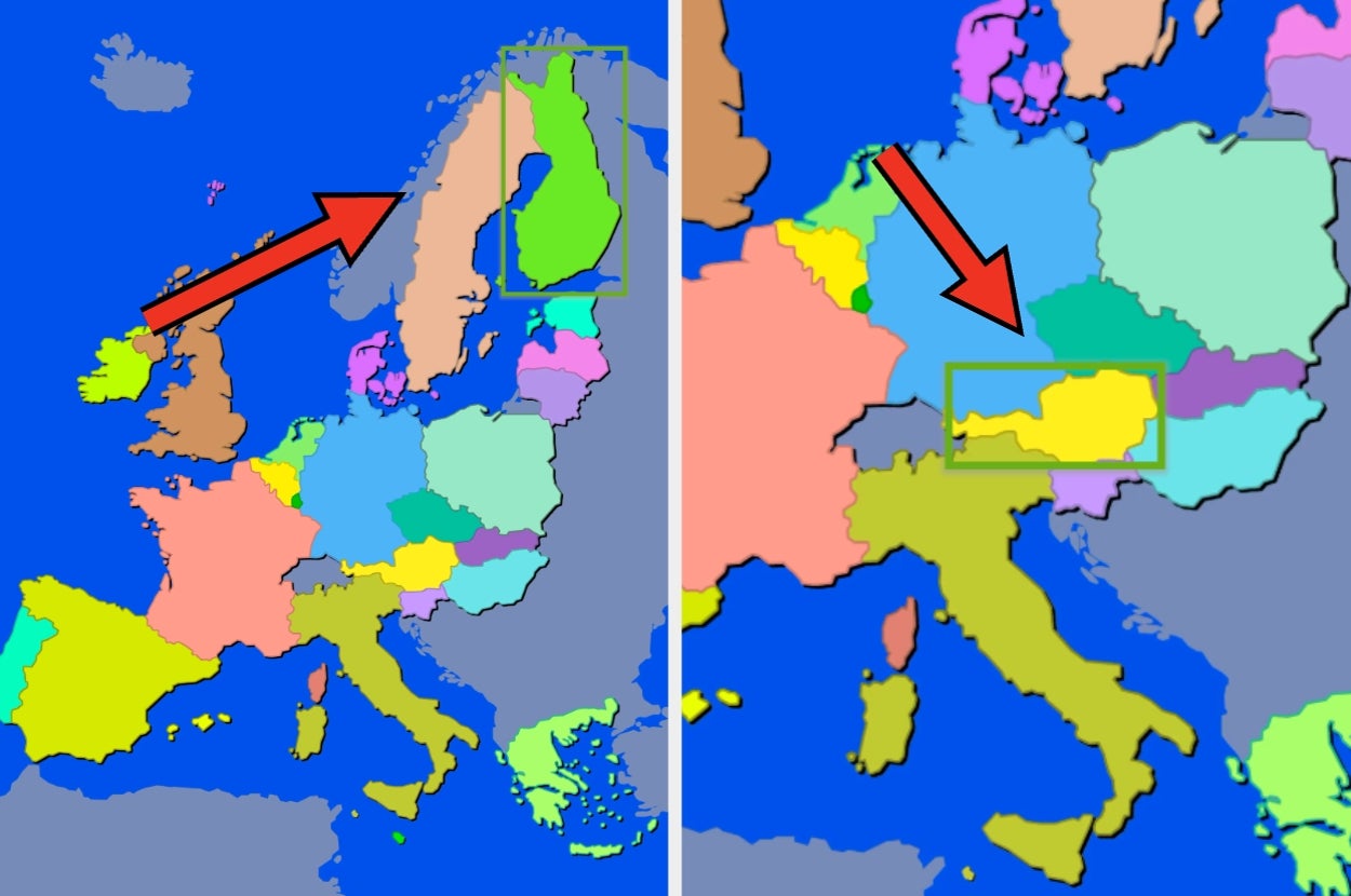Map of Europe with red arrows pointing to Finland on the left and Austria on the right, each highlighted in a green box