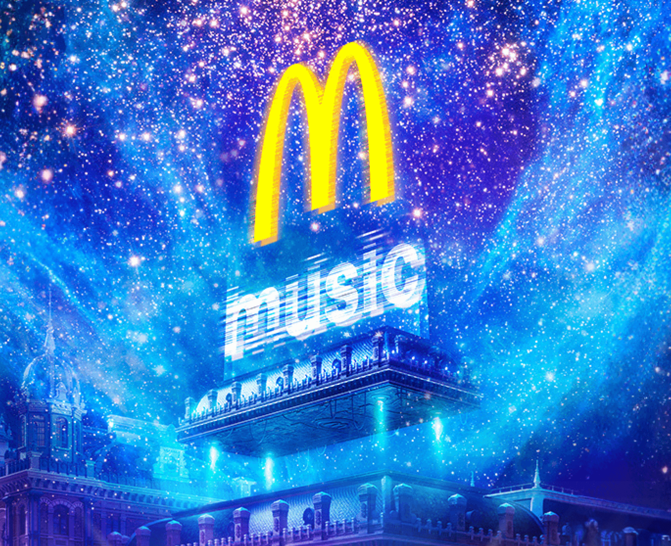 Fantasy-themed McDonald's sign with the word "music" amid a starry, cosmic background