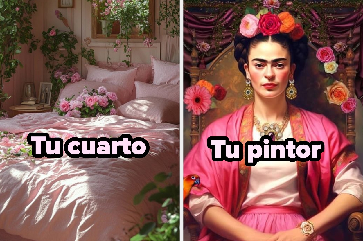 Comparación de un cuarto decorado con flores con una pintura de una artista famosa rodeada de flores y vestida elegantemente. Texto: "Tu cuarto, Tu pintor"