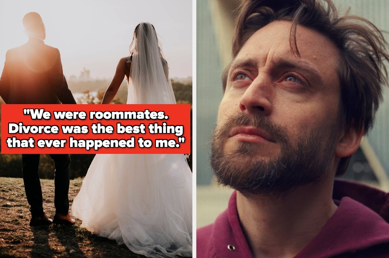 Split image of a bride and groom and Kieran Culkin in "A Real Pain." Text: "We were roommates. Divorce was the best thing that ever happened to me."
