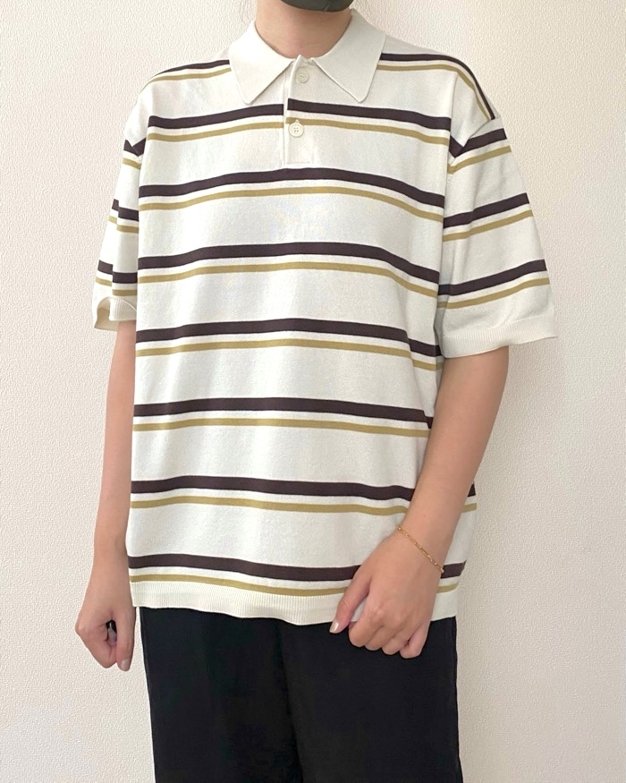 グッドデザイン古着！ボーダーニットポロシャツ ホワイト×ネイビーゆったり GU】一枚でコーデが決まる！1990円の「レトロ柄トップス