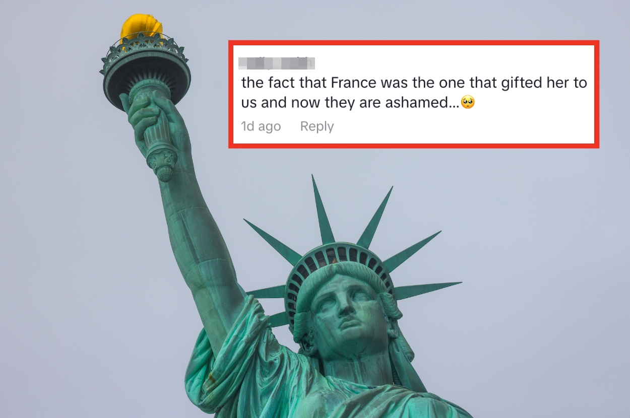 Statue of Liberty with an overlayed comment reading, "the fact that France was the one that gifted her to us and now they are ashamed..."