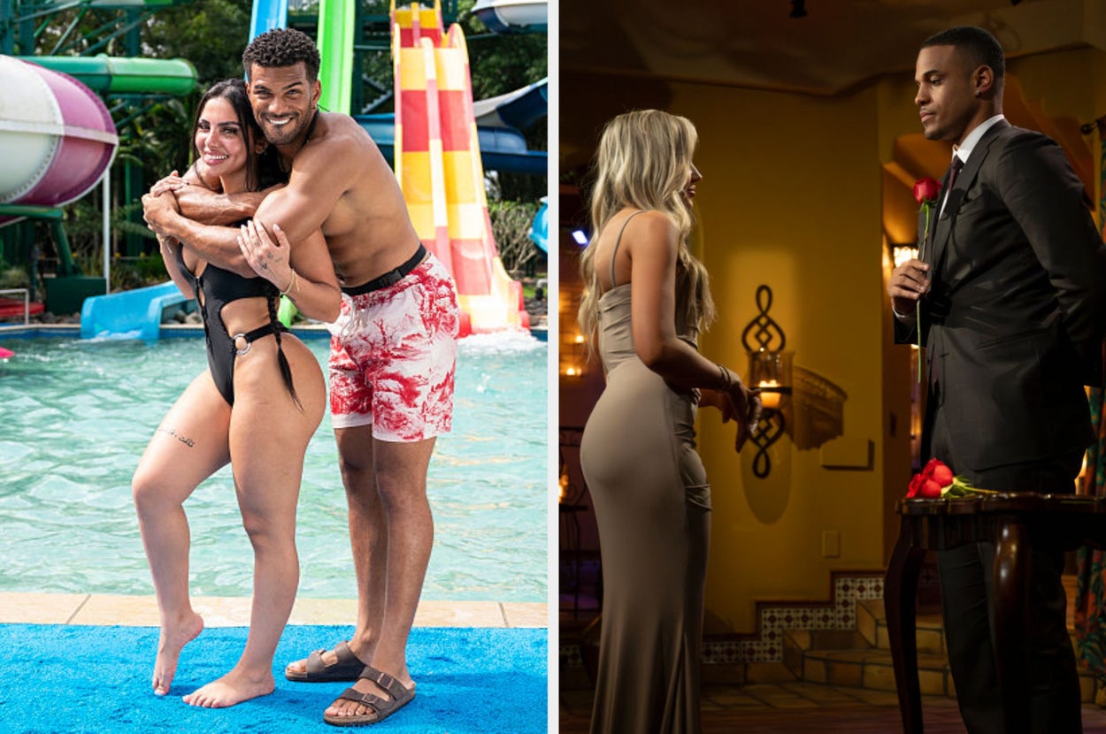 Two side-by-side images. Left: A couple in swimwear at a water park. Right: A couple in formal attire during a rose ceremony