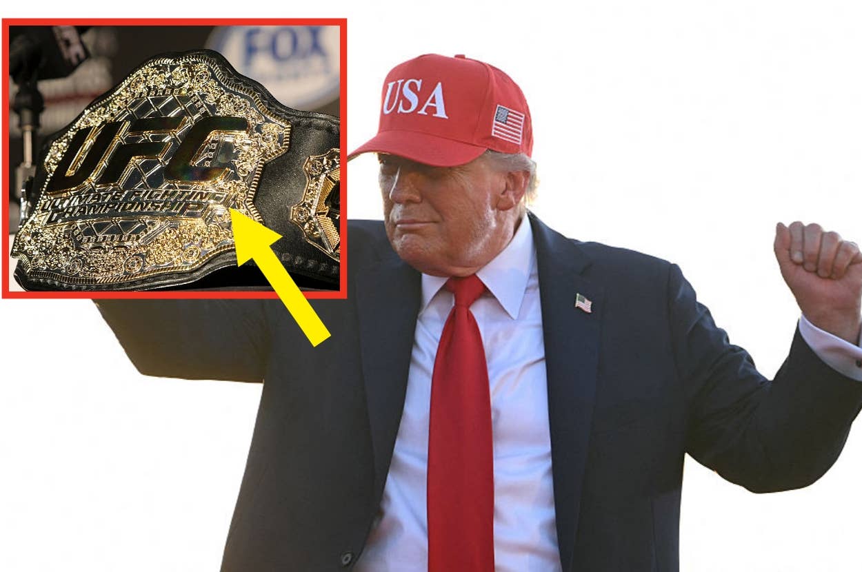 Person in a suit and "USA" cap lifts fist; inset shows a UFC championship belt with bold logo