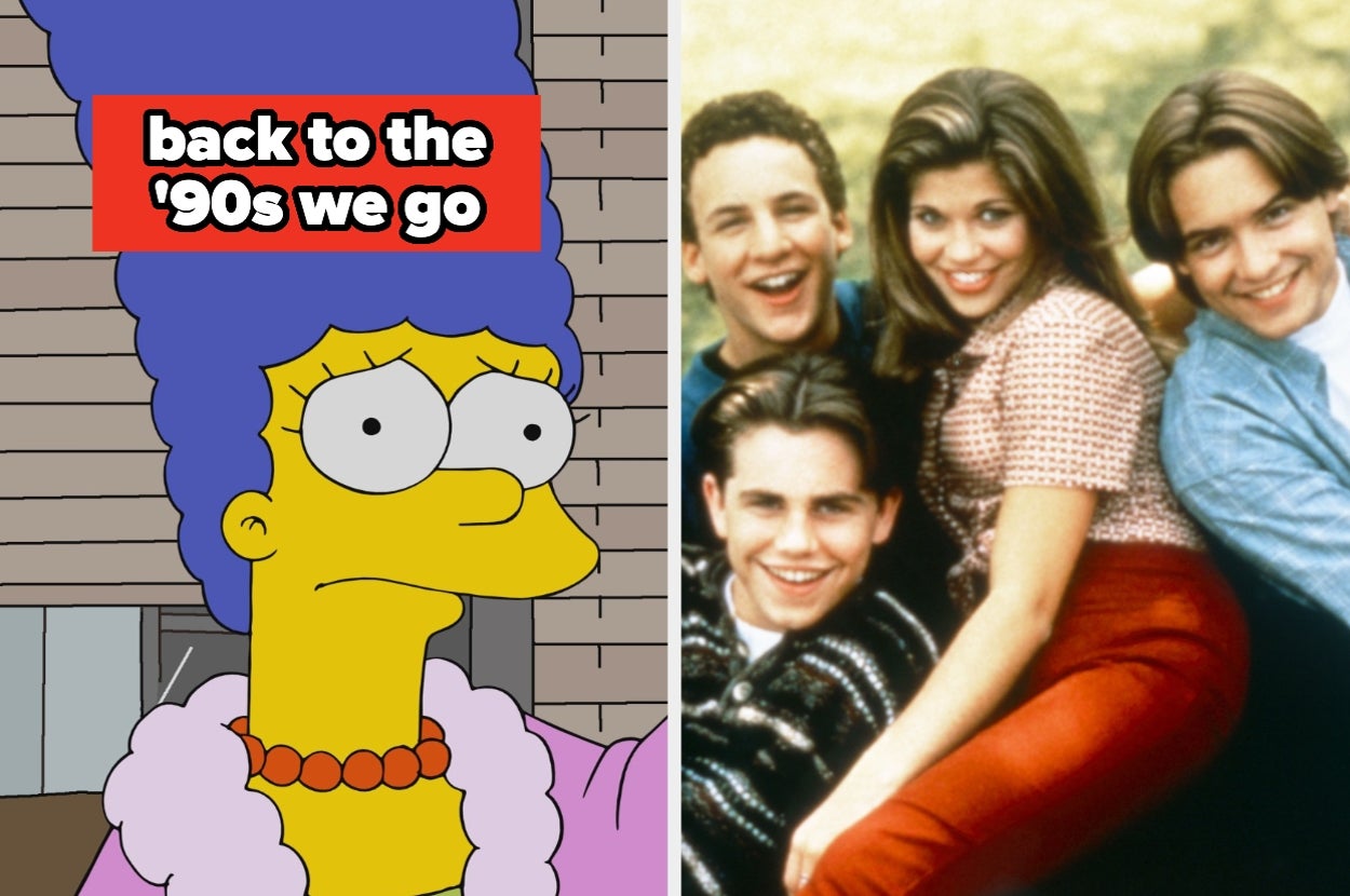Split image of Marge Simpson and the cast of "Boy Meets World." Text: "back to the '90s we go"