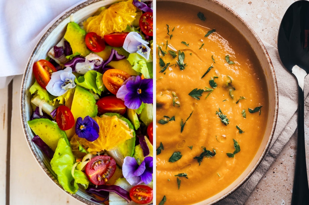 Plate with a fresh salad featuring flowers and a bowl of creamy soup garnished with herbs on a rustic table setting