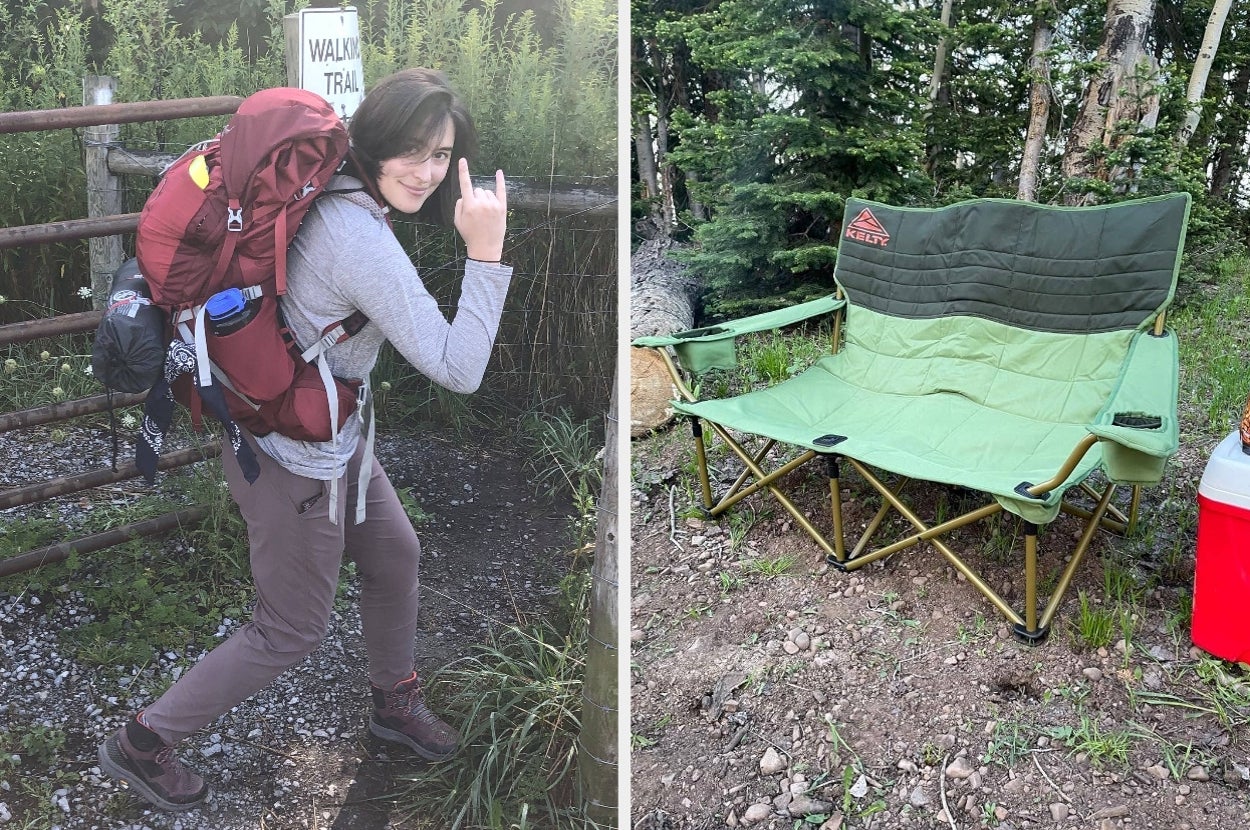 on the left an osprey backpacking pack, on the right a kelty loveseat camp chair