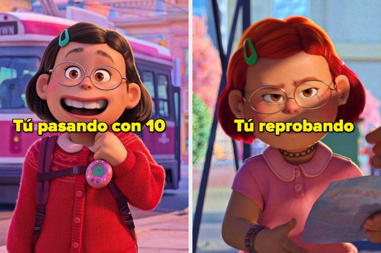 Dibujo animado de una niña feliz con mochila junto a otra niña decepcionada leyendo un papel. Texto: "Tú pasando con 10" y "Tú reprobando"