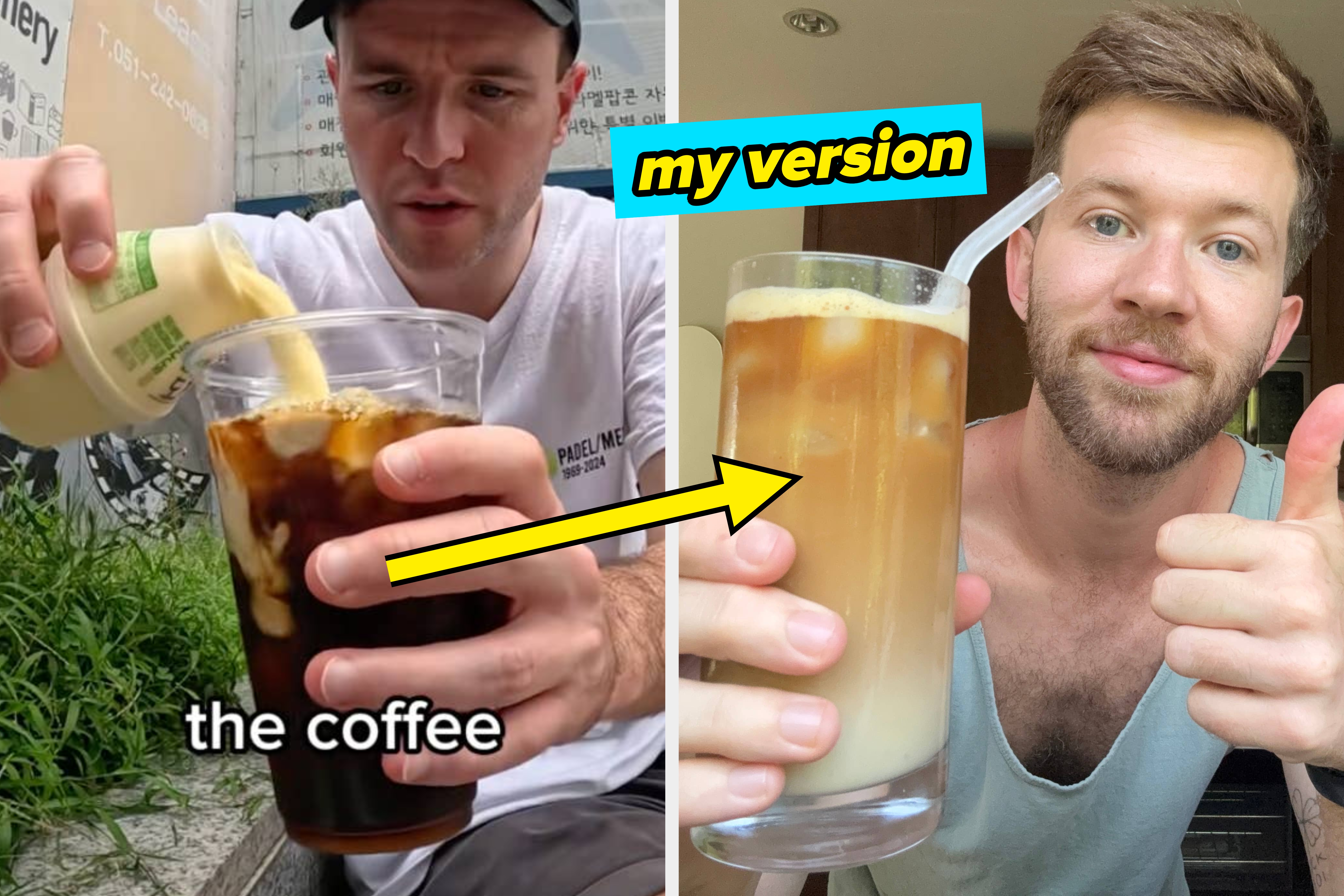 Two images: Left shows a person pouring banana milk into iced coffee. Right shows another person holding a similar drink with a straw