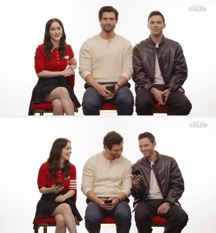 Three radical   seated, engaging successful  conversation. The pistillate   wears a reddish  cardigan and achromatic  skirt. The men are successful  casual tops, 1  successful  a sweater, the different   a jacket
