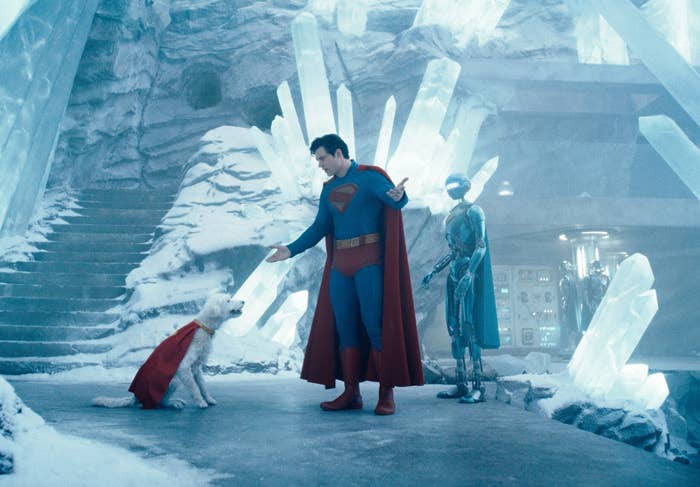 Superman stands successful an icy fortress with a cloaked fig and a achromatic canine wearing a reddish cape. Crystalline structures situation them
