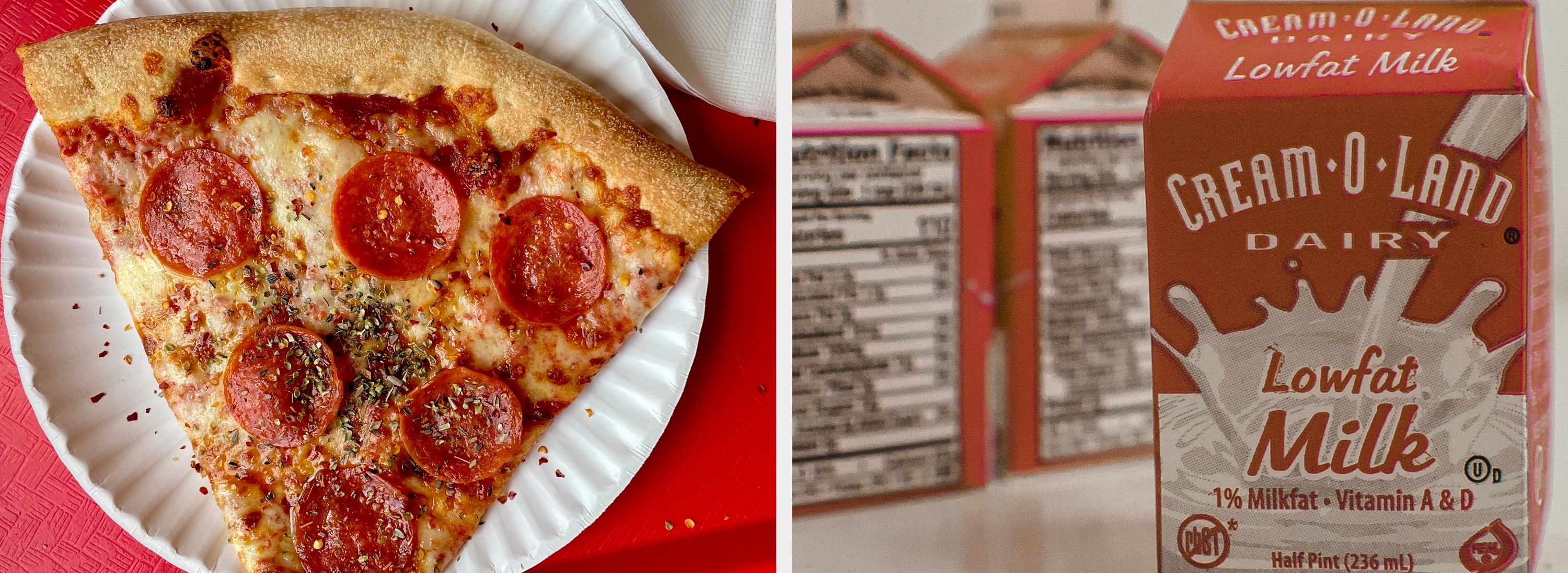 Slice of pepperoni pizza on a paper plate with a napkin on a red tray