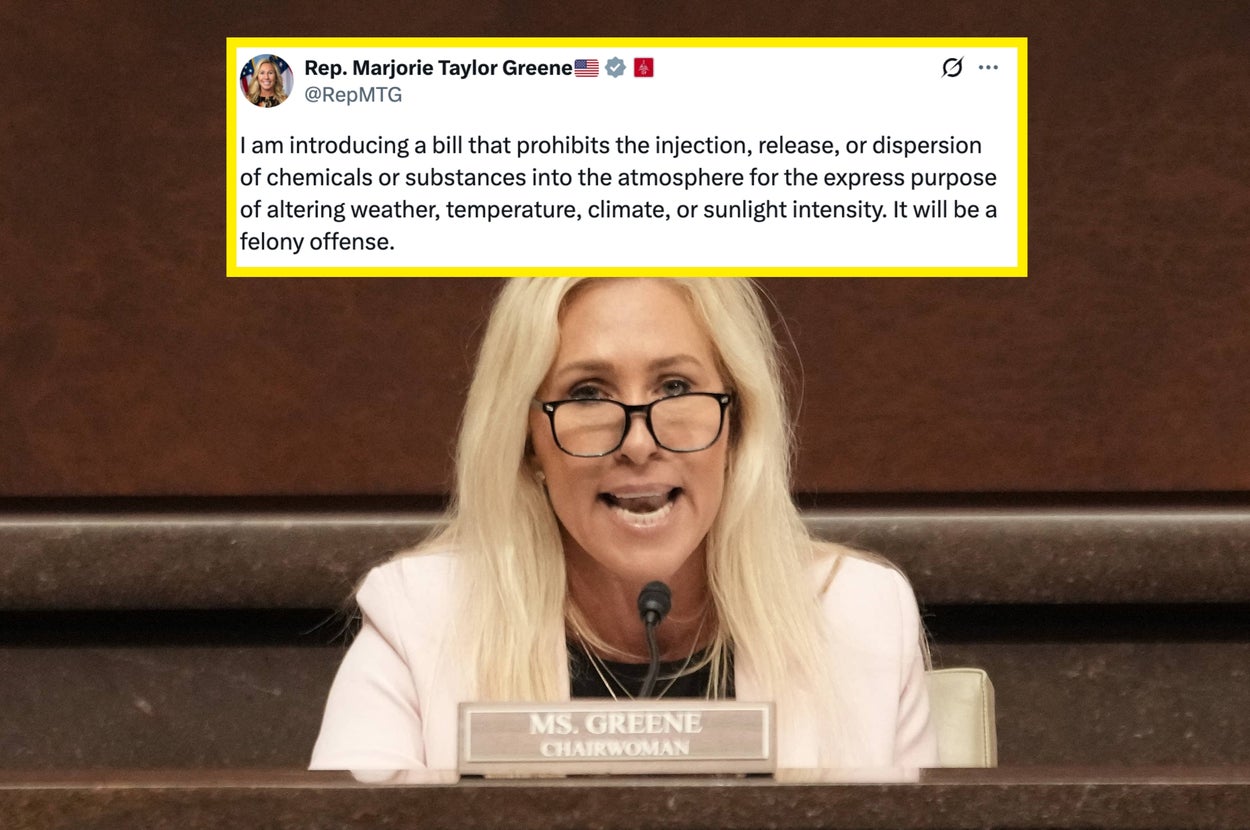 Marjorie Taylor Greene speaks at a meeting. Her tweet above discusses a bill against releasing chemicals to alter weather or climate, stating it's a felony offense