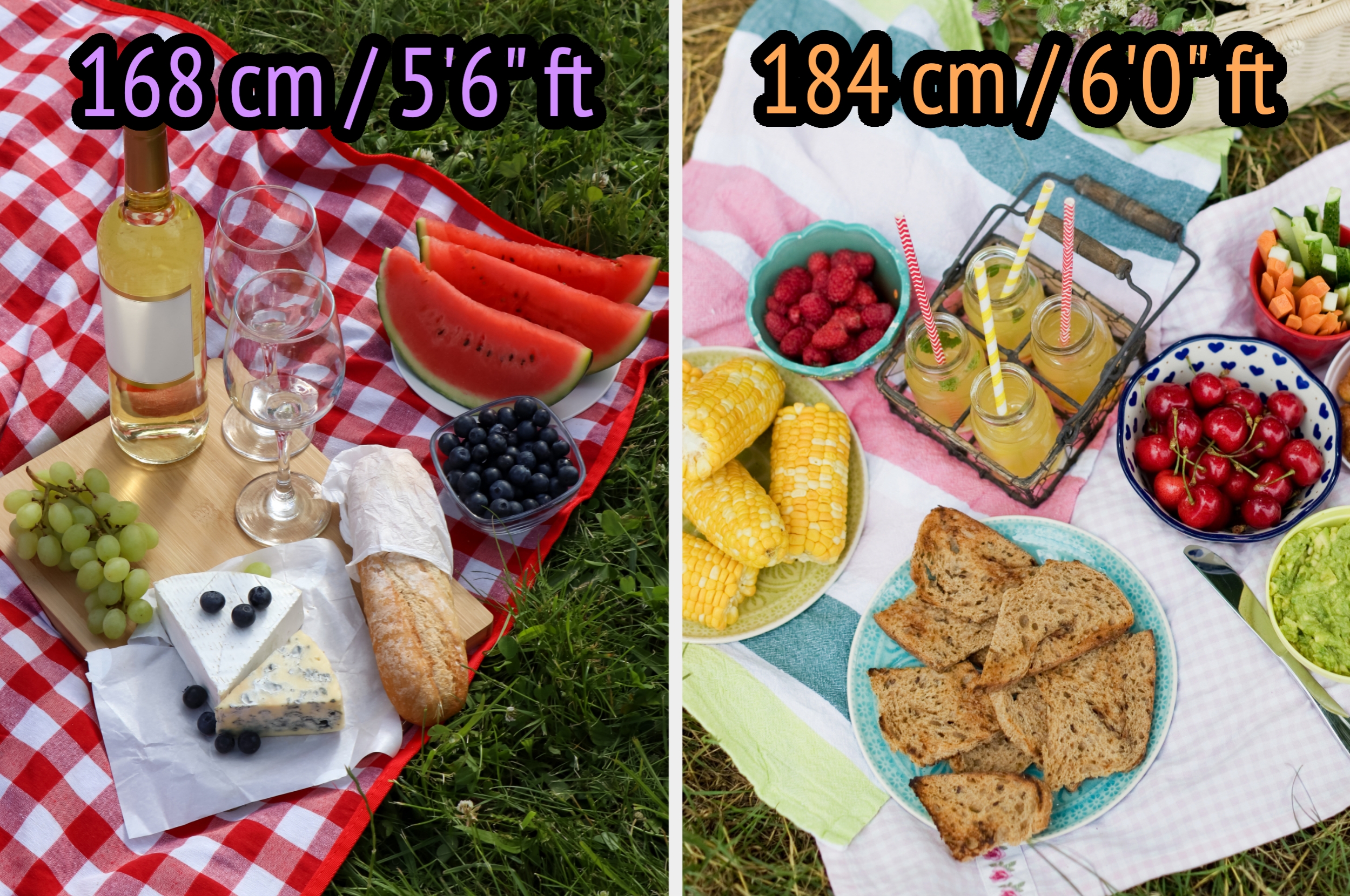 On the left, a picnic setup with wine, cheese, fruits, and bread labeled 168 cm slash 5 feet 6 inches, and on the right, a picnic spread with juices, sandwiches, veggies, and berries labeled 184 cm slash 6 feet