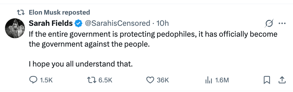 A tweet by Sarah Fields questions government actions, suggesting it opposes the people by protecting pedophiles