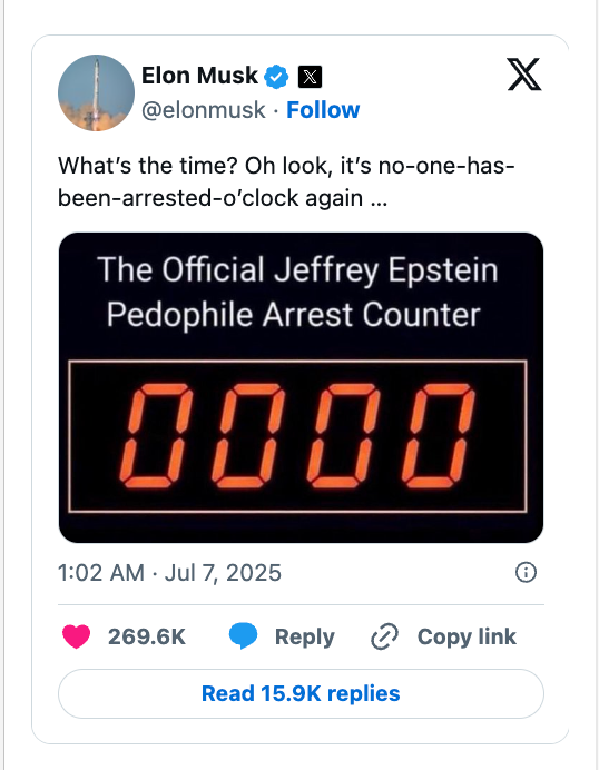 Screenshot of a social media post jokingly referring to a fictional &quot;Jeffrey Epstein Pedophile Arrest Counter&quot; at 0000