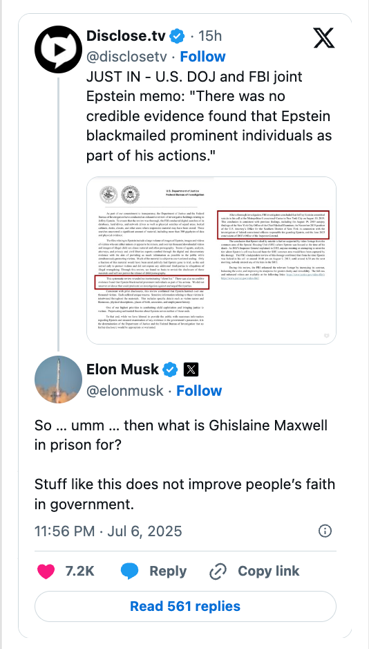 Twitter exchange: Disclose.tv claims no evidence found against Epstein in a memo. Elon Musk questions why Ghislaine Maxwell is in prison then