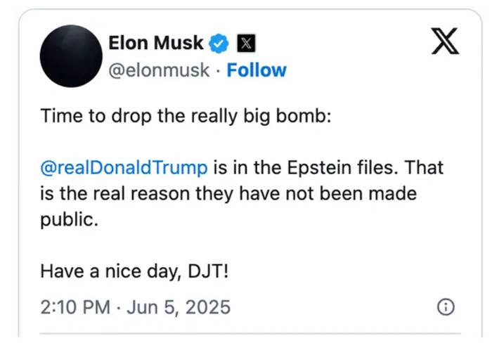 Image showing a tweet from Elon Musk, dated June 5, 2025, discussing Donald Trump and Epstein files