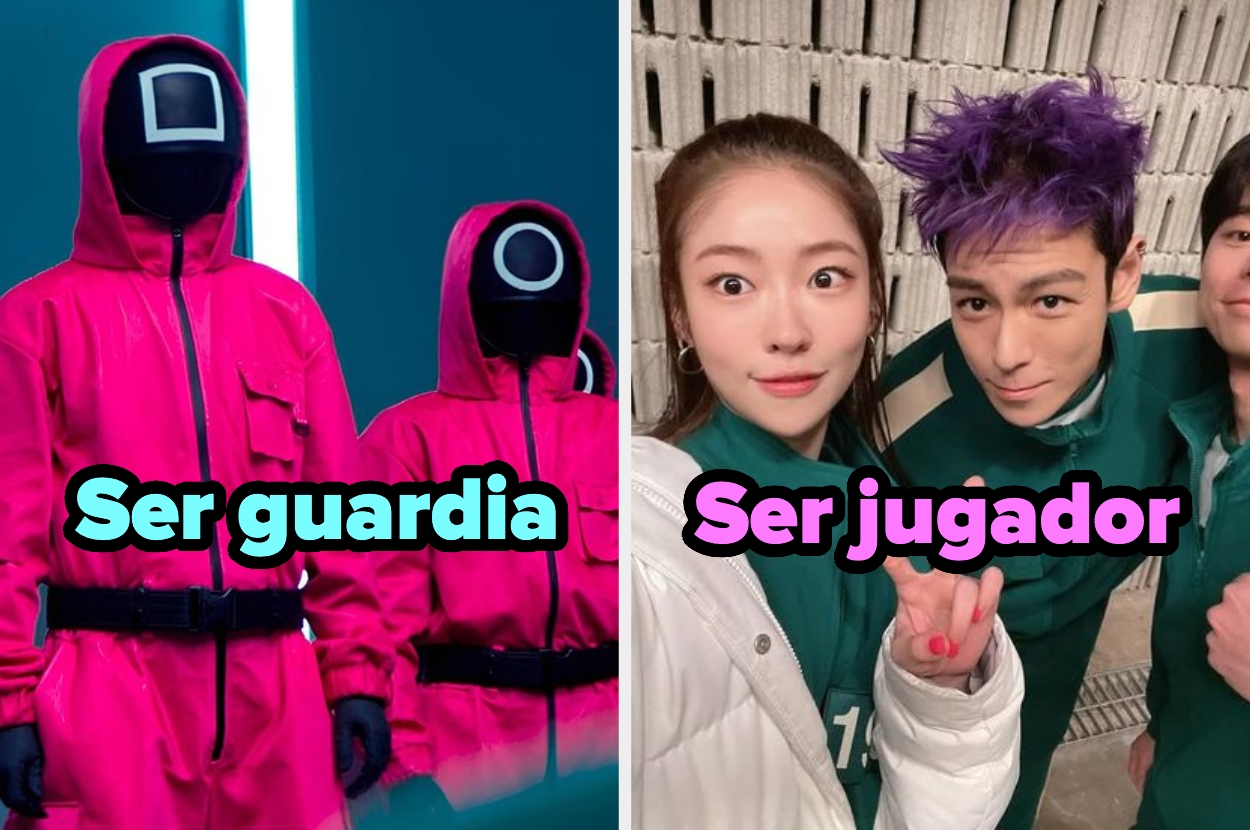 A la izquierda, dos personas con trajes y cascos de guardias. A la derecha, tres personas posan en equipo de jugadores de "El Juego del Calamar"