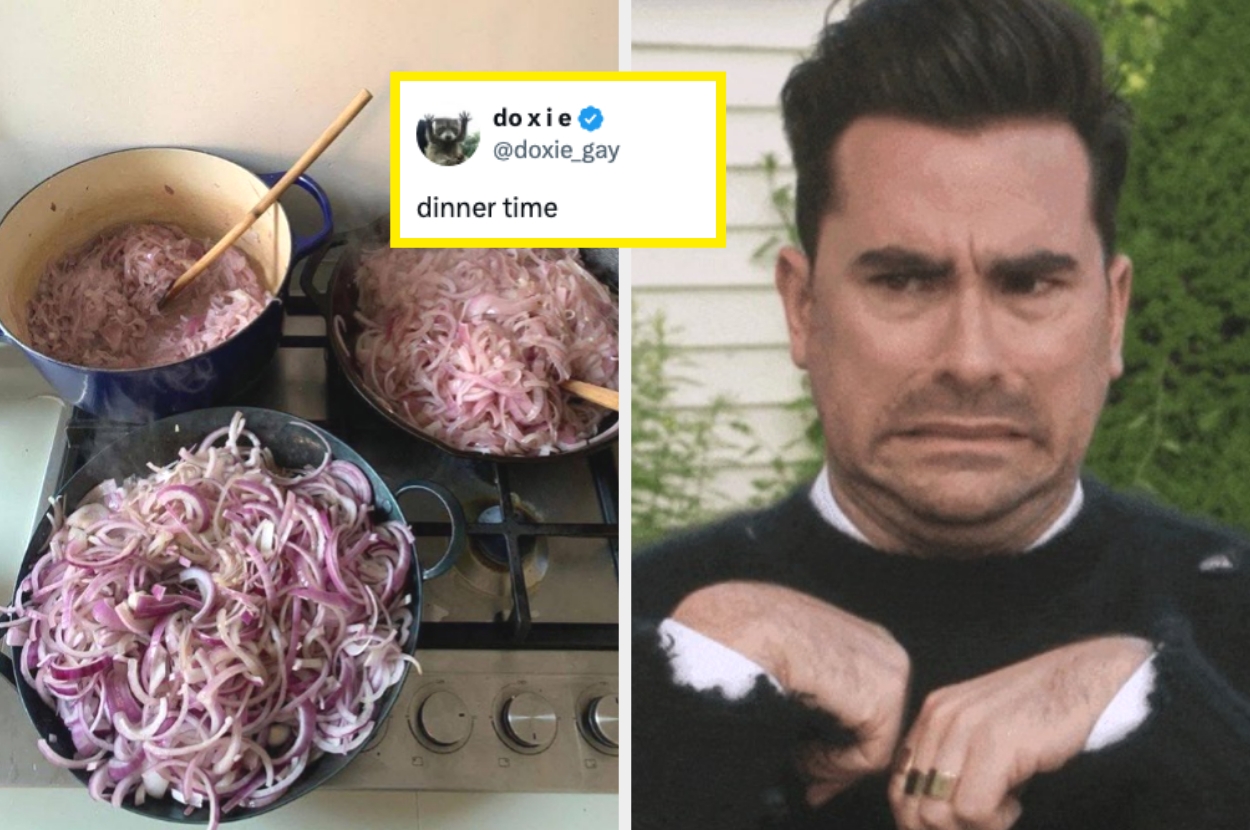 A stove with several pans full of sliced onions beside a tweet saying "dinner time." On the right, a person grimaces awkwardly