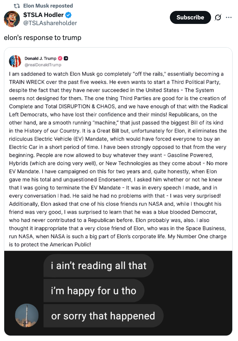 Screenshot of a tweet by Donald J. Trump criticizing Elon Musk about various topics, including politics and business