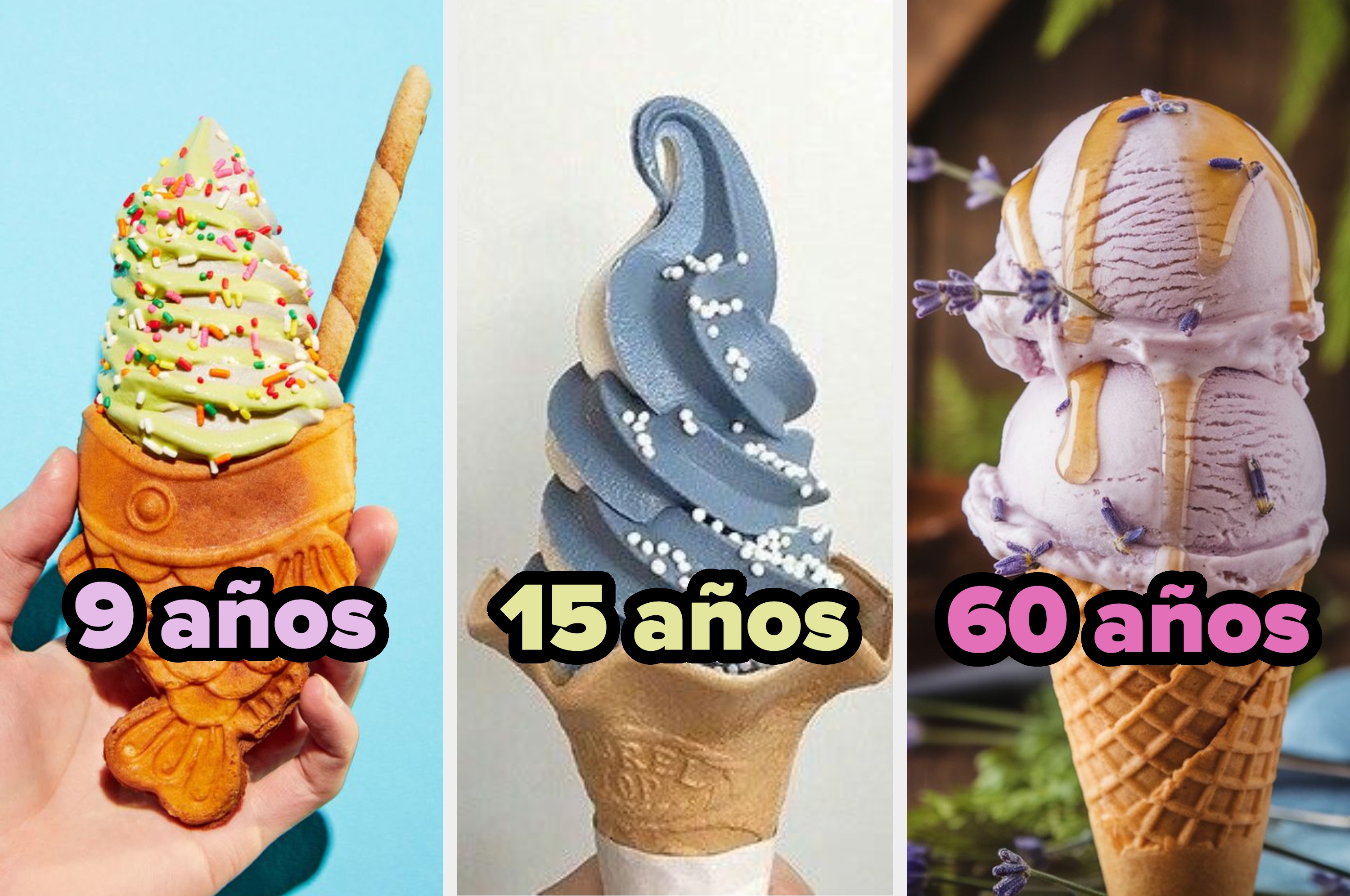 Helado verde con granillo, helado azul con perlas y helado lavanda en conos, cada uno con etiquetas de 9 y 15 años respectivamente