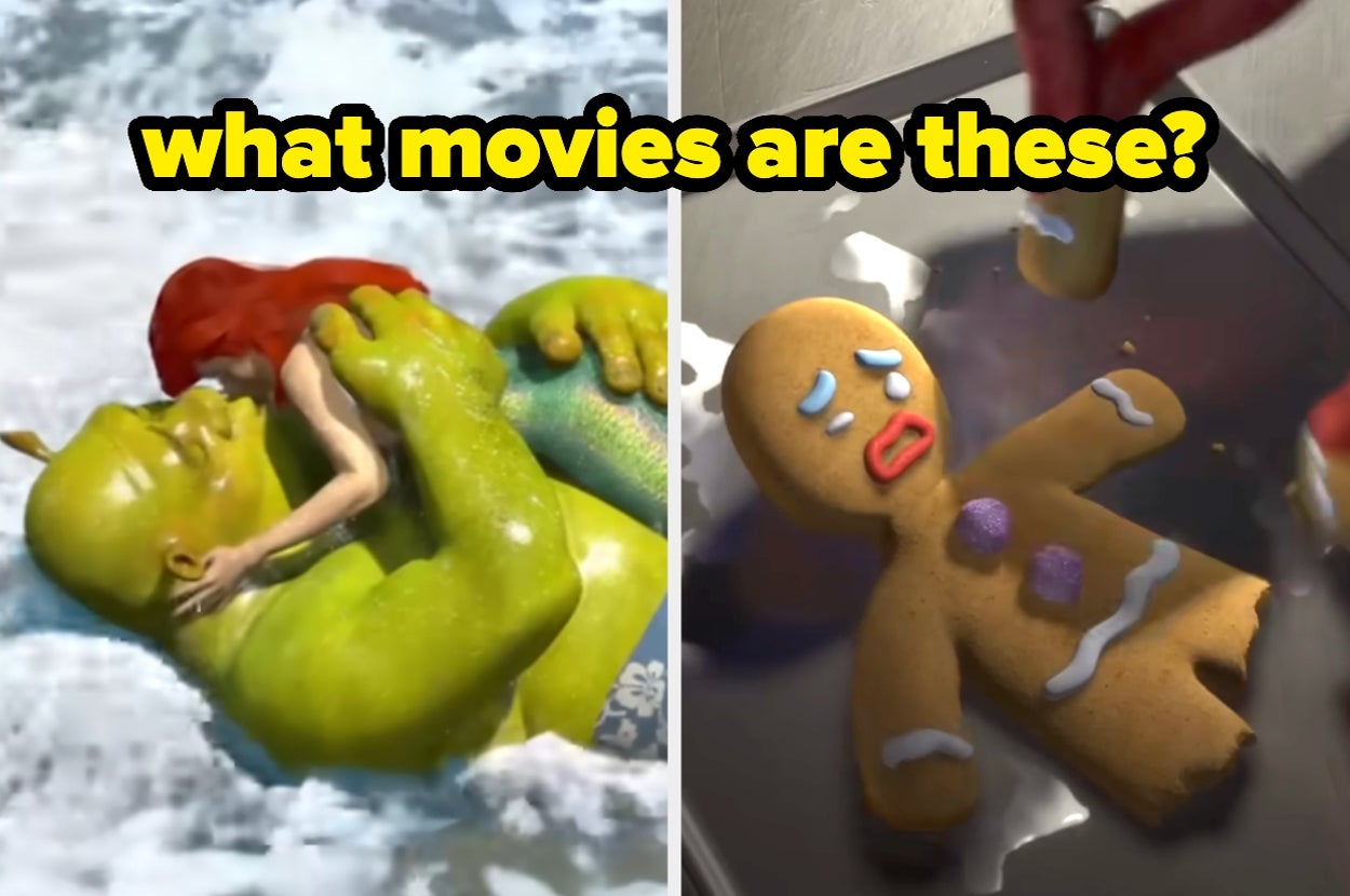 Split image: left shows animated characters resembling Shrek holding a mermaid; right shows a gingerbread man missing a leg. Text asks, "what movies are these?"