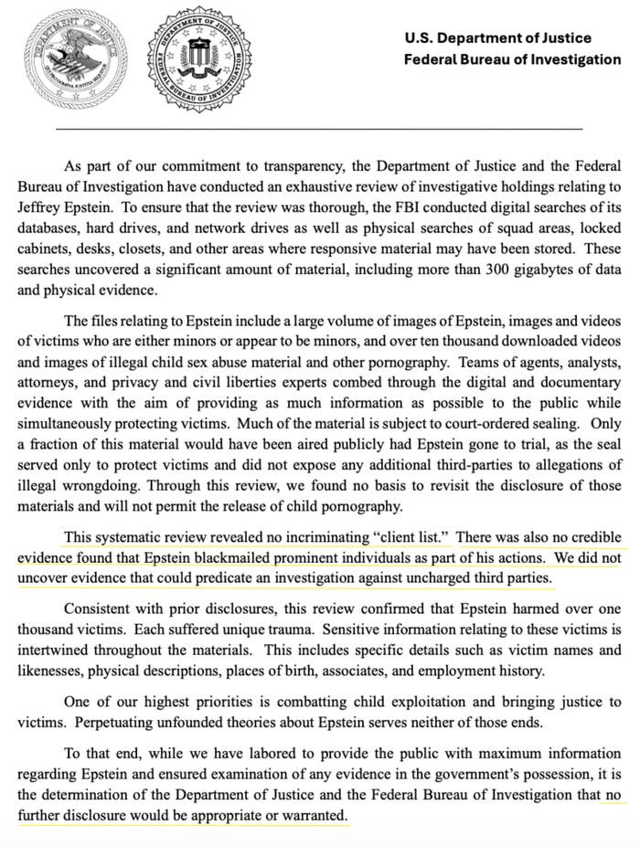 Summary of the image text: The statement outlines the Department of Justice and FBI's detailed review of Jeffrey Epstein's materials, emphasizing efforts to protect victim identities