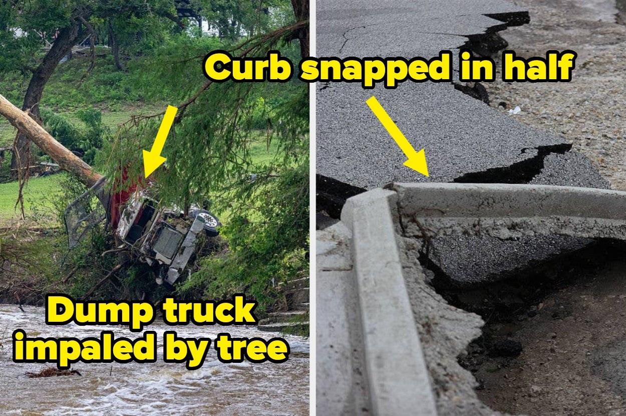 Dump truck pierced by a tree on the left; cracked curb on the right. Yellow arrows highlight the incidents with bold text descriptions