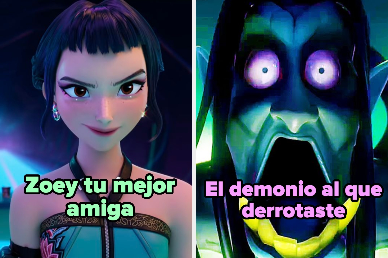 Imagen dividida: a la izquierda, una amiga sonriente; a la derecha, un demonio sorprendido. Texto: "Zoey tu mejor amiga" y "El demonio al que derrotaste"