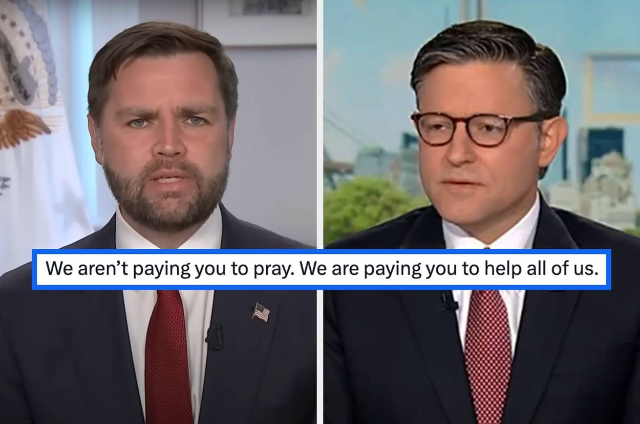 Split-screen image of two men in suits during a news segment with a quote: "We aren’t paying you to pray. We are paying you to help all of us."