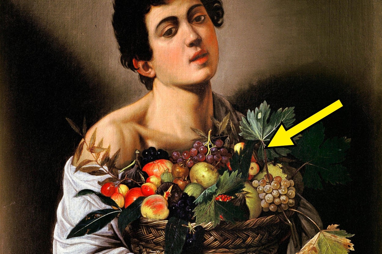 Boy with Basket of Fruit by Caravaggio, with a yellow arrow pointing to a specific area of the basket