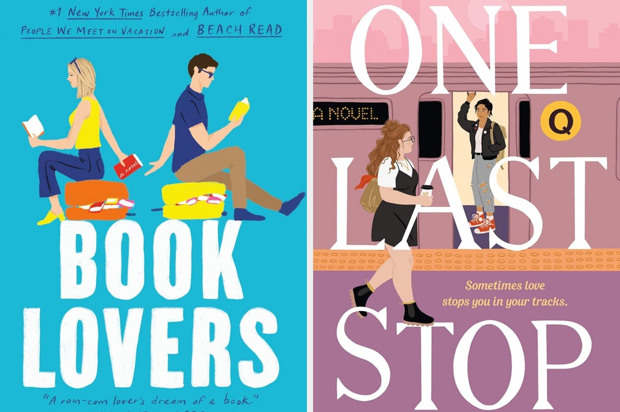 On the left, Book Lovers by Emily Henry, and on the right, One Last Stop by Casey McQuiston