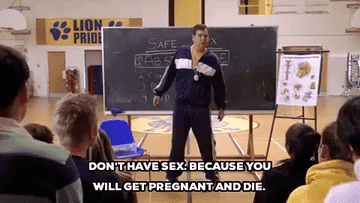 A teacher in a gym classroom stands by a blackboard, instructing students: &quot;Don&#x27;t have sex. Because you will get pregnant and die.&quot;