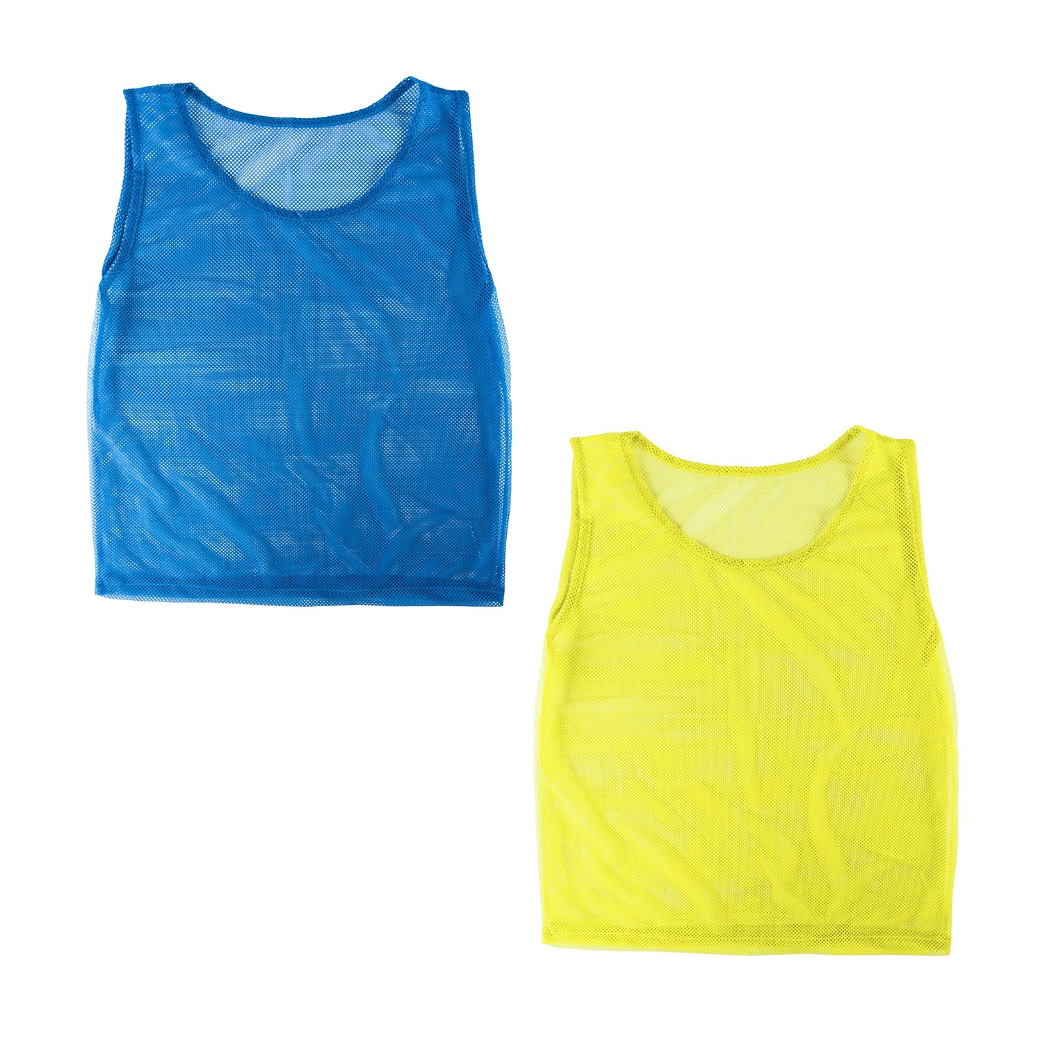 Two mesh tank tops on a white background, one blue and one yellow
