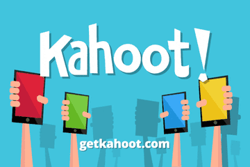 Hands holding devices with the Kahoot! logo above. Each device screen is a different color. Text at the bottom reads &quot;getkahoot.com&quot;