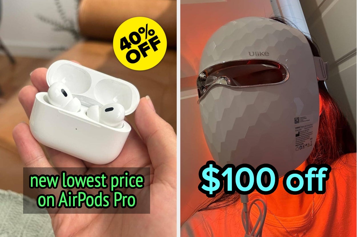 Left: AirPods Pro with a 40% off tag. Right: Person wearing a beauty mask with a label showing $100 off